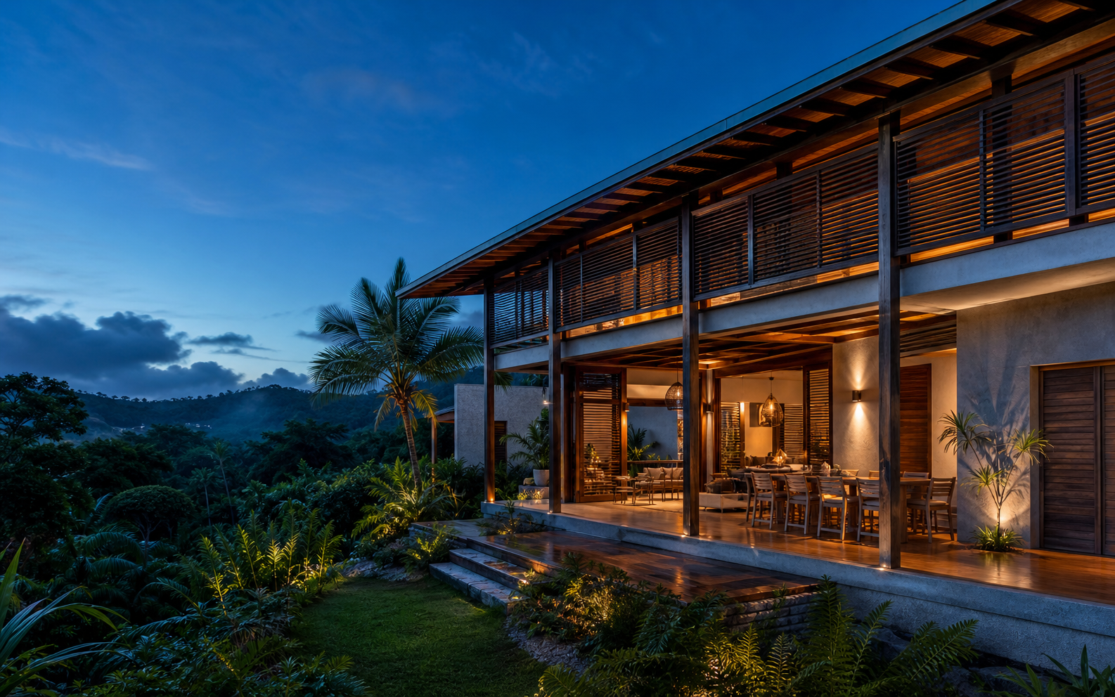 Architecture guadeloupéenne contemporaine éclairée au crépuscule